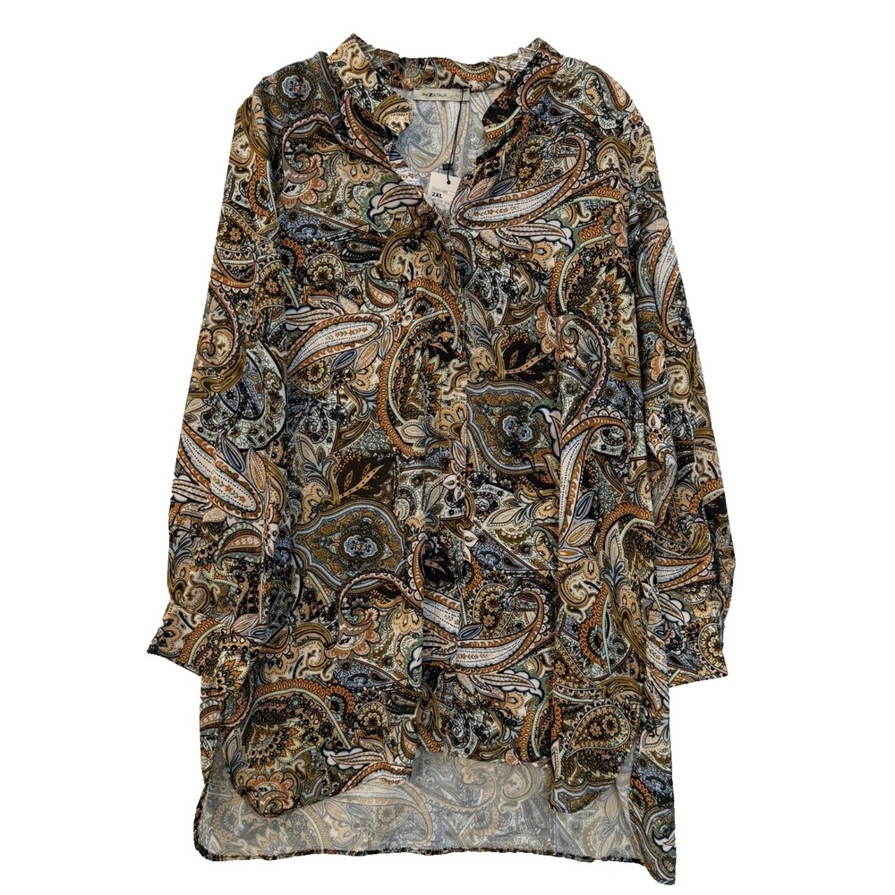 NWT Piaza Italia Woman Size 2XL Curvy Blouse Brown Paisley Loose Flowy‎ Tunic